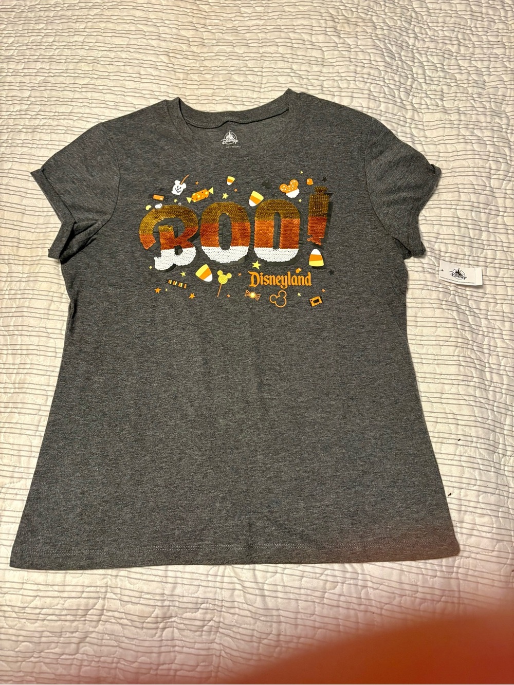 Disney Gray 'BOO!' Flip Sequined Halloween Tee with Orange & White Accents - NWT